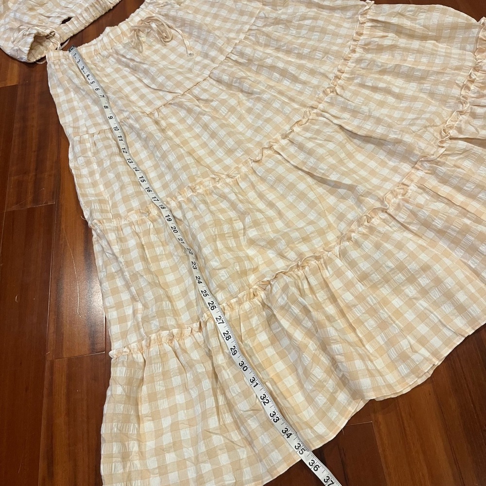 Gingham Skirt Top Set Light Beige Crop Halter Crossback Maxi Tier Cottagecore M - Picture 4 of 11